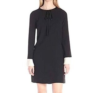 Black Mini Dress White Pleated Cuffs Tie Neck Long Sleeve Career‎ Party